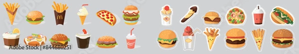 Fototapeta A set of icons with fast food items in a flat style. Pizza, burgers, burritos, hot dogs, sodas, donuts, cookies, and french fries.