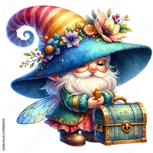 Fototapeta Colorful gnome with a rainbow hat holding a chest, Transparent background