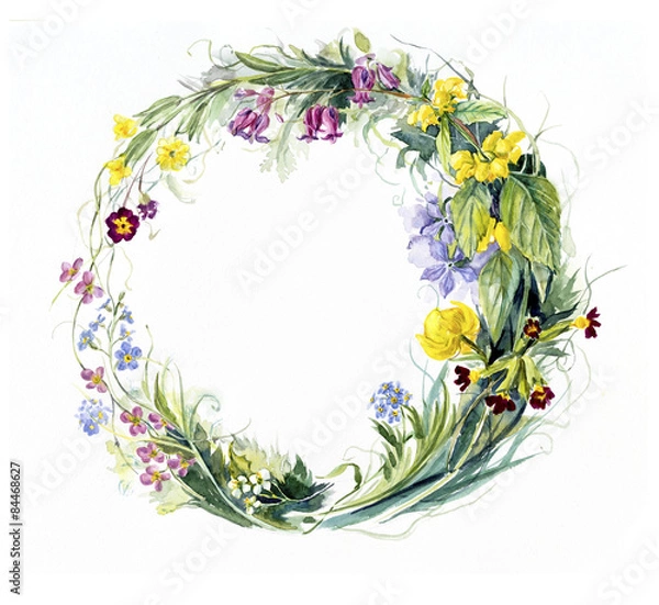 Fototapeta Circle frame from flowers. Spring time. Watercolor hand drawn illustration.
