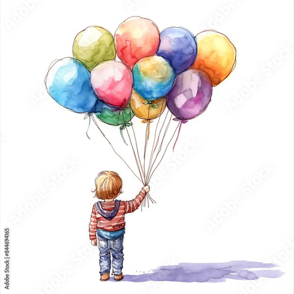 Fototapeta A child holding a colorful balloon bouquet at a festive celebration outdoors, ink watercolor illustration isolated on a white background 