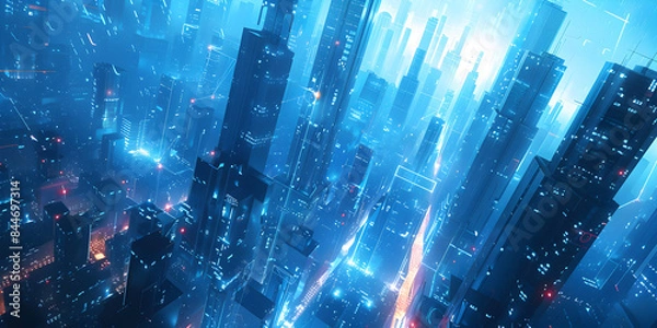 Fototapeta Cyberpunk Skyscrapers of a Futuristic City Glowing with Neon Lights and Advanced Technology