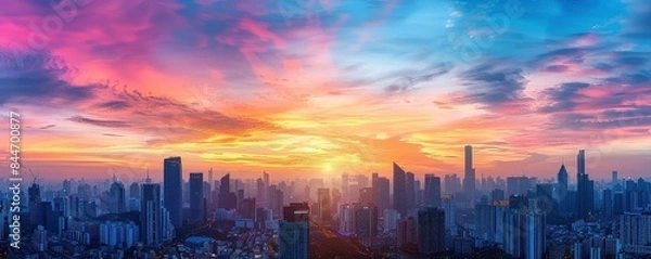 Obraz Beautiful sunset over a bustling cityscape, skyscrapers silhouetted against colorful sky, urban twilight, copy space for text.