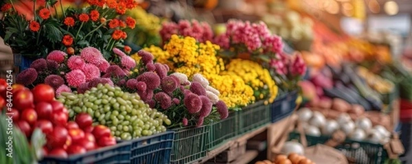 Fototapeta Local market with colorful flowers and fresh produce, lively and vibrant, bustling community hub, copy space for text.