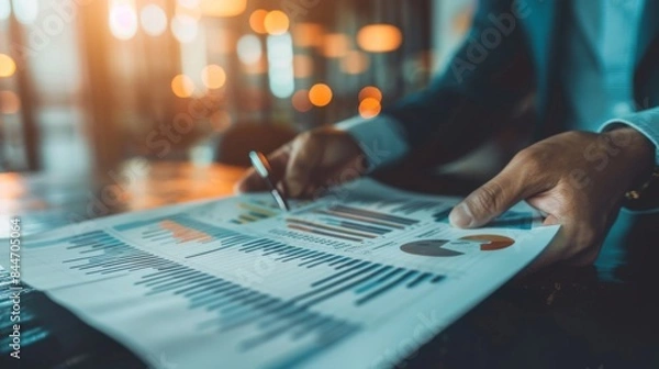 Fototapeta Close-up of financial graphs and charts on a printed report, held by a business professional