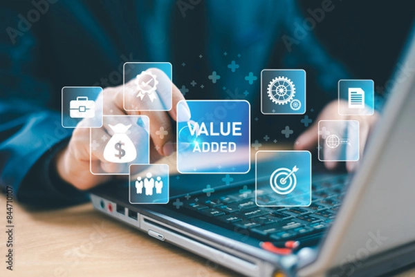 Fototapeta Increase value, growth value service, company value added, business growth concept. Business man work on computer laptop, info technology background. Sale digital marketing leadership success target