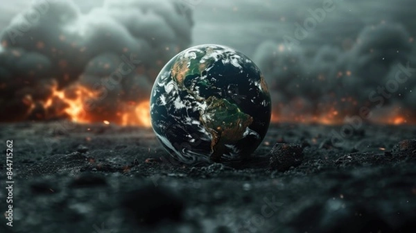 Fototapeta Sad planet, Pollution concept. Plant, machinery, petroleum, emissions, dirty air, landfill, Save the planet, generative ai