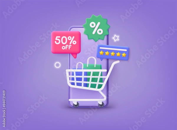 Obraz Online shopping on application and website concept, digital marketing online, shopping cart. 3D Vector Illustrations.