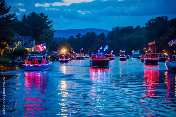 Obraz A vibrant photo of a boat parade on a lake, with boats decorated with American flags and festive lights, celebrating the 4th of July