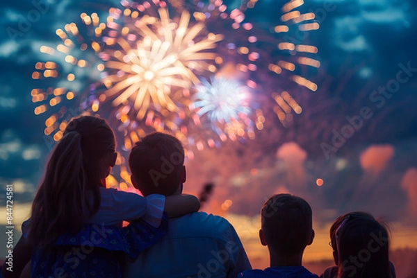 Obraz A vibrant photo of a family watching the fireworks from a rooftop, with the cityscape and fireworks creating a stunning backdrop