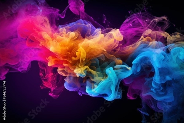 Fototapeta Abstract colorful smoke-like ink clouds dispersing in water on a dark background