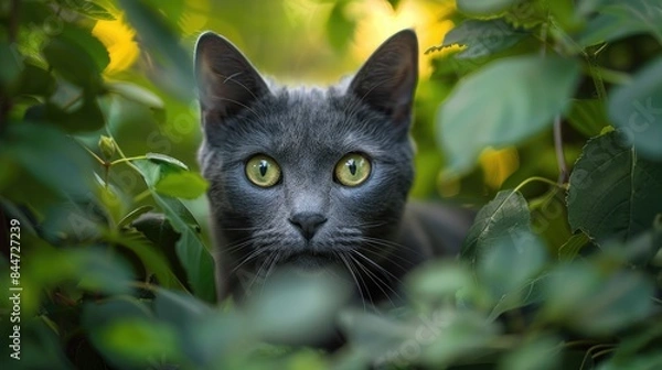 Obraz A curious gray cat with bright green eyes peeks out from behind green leaves.