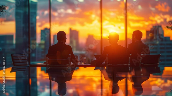 Obraz Silhouetted Business Professionals Meeting at Sunset in a Modern City Office