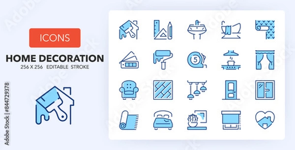 Fototapeta Line icons about home decoration and renovation. Contains such icons as wallpaper, illumination, flooring and more. 256x256 Pixel Perfect editable in two colors
