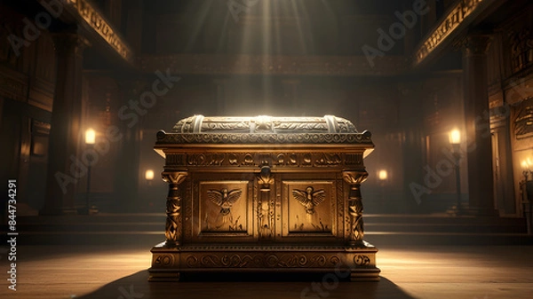 Fototapeta Ark of the Covenant in the Holy of Holies, made of acacia wood overlaid with gold, featuring two cherubim on the lid. The sacred, dimly lit chamber with golden walls - Bible