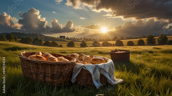 Fototapeta Bible story of Jesus' miracle concept of the loaves and fishes used in the miracle of feeding the 5,000, with a basket overflowing with barley loaves and small fish set on a grassy hillside.
