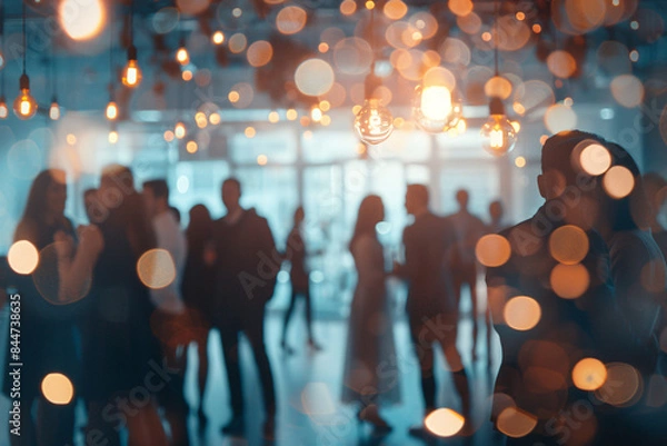 Fototapeta Blurry party, defocused social event background with bokeh lights