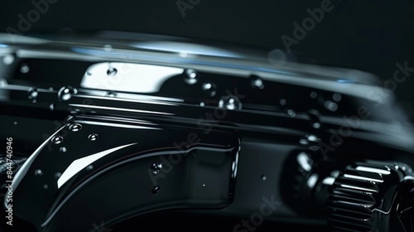 Fototapeta car engine and gears, water droplets adorn engine's front, exposed top portion