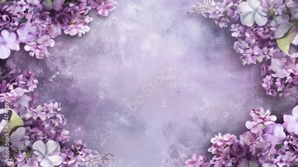 Fototapeta Flowers frame on graceful lilac background with blooming hydrangeas