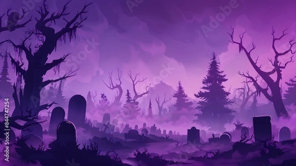 Fototapeta Eerie Foggy Graveyard at Dusk with Purple Sky and Silhouetted Trees, Tombstones, and Misty Atmosphere - Perfect for Halloween, Horror, and Spooky Themes