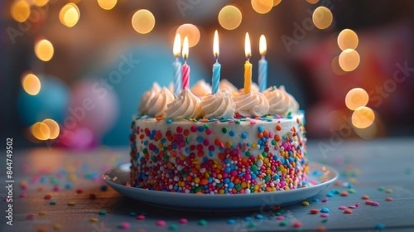 Fototapeta Birthday cake decorated with colorful and lit candles, set against a warm, bokeh background.