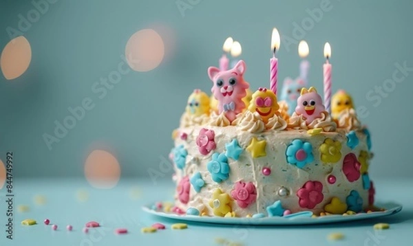 Fototapeta A vibrant birthday cake decorated with colorful icing, smiley faces, and lit candles.