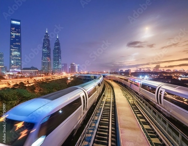 Obraz AI Generated image of Train with city view at night