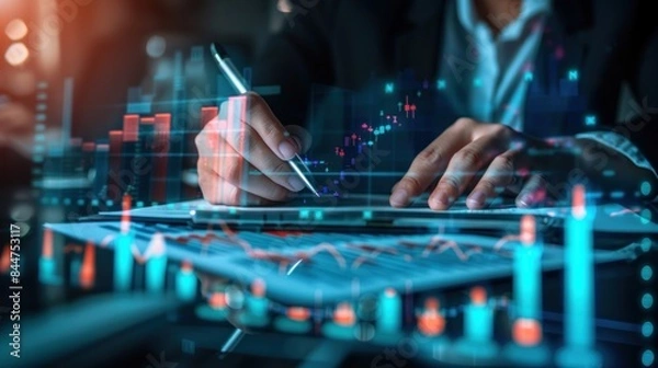 Fototapeta analysis working with the latest financial results. Analysis of sales forecast graphs, financial accounting with hand writing Abstract digital effect for background