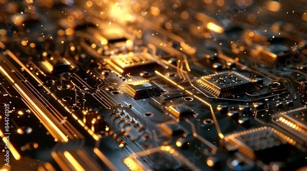 Fototapeta Abstract Close-Up of a Metallic Circuit Board with Technological Patterns and Components
