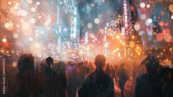 Obraz Crowd illuminated by fireworks generative ai