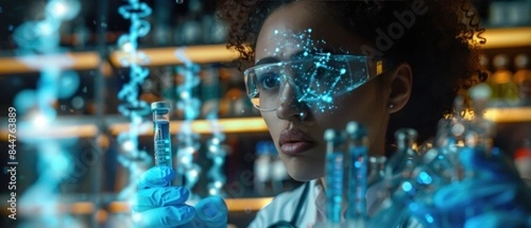 Fototapeta Female scientist analyzing a test tube in a futuristic lab, surrounded by digital data projections and wearing protective eyewear.