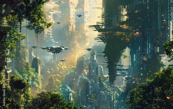 Fototapeta Portal to the Future: Stunning Sci-Fi Cityscape Viewed from Ancient Forest Time Rift