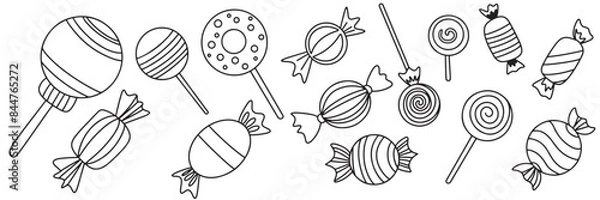 Fototapeta Collection of candy in doodle style. Hand drawn vector art.