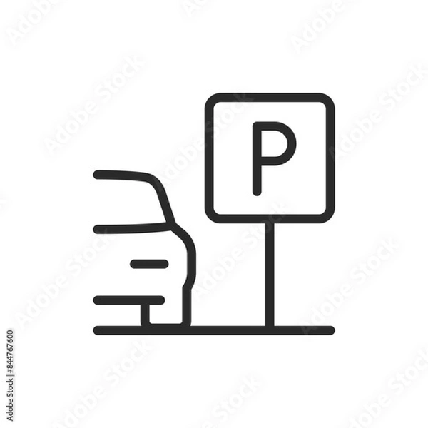 Fototapeta Car parking, linear style icon. Car next to parking sign. Editable stroke width