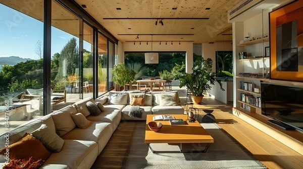 Fototapeta New Zealand living room. New Zealand. Modern living room with expansive windows offering a view of nature and filled with stylish furnishings and plant decorations. 