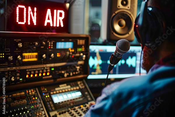Obraz Radio host working in the radio broadcasting studio, he is On Air and enjoying the music, with writing “ON AIR”
