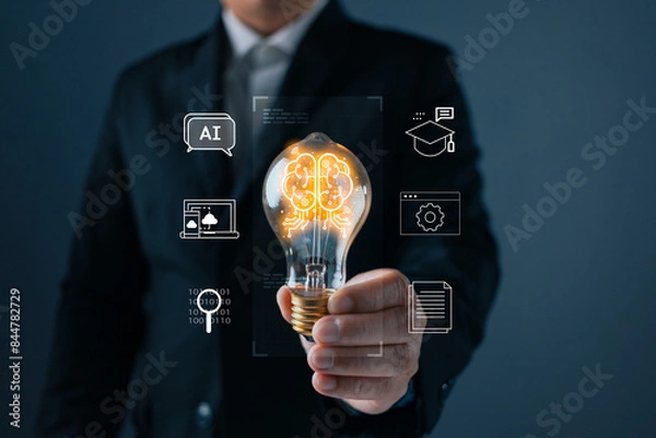 Fototapeta person hand holding power lightbulb and pretend to think, inspiration, creativity and imagination concept, innovation technology success business. Digital transformation. Ai technology.