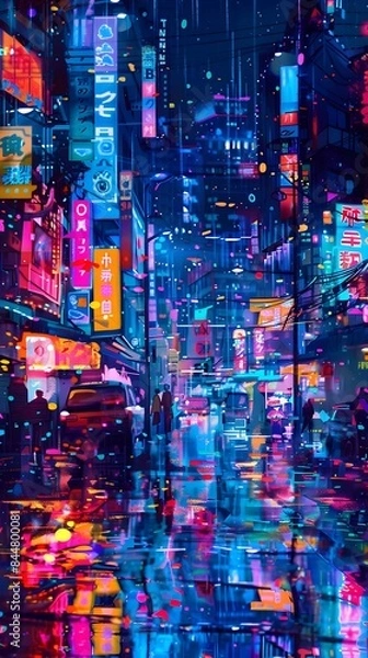 Fototapeta Surreal Cityscape with High Contrast Film Noir Atmosphere and Moody Neon Lighting