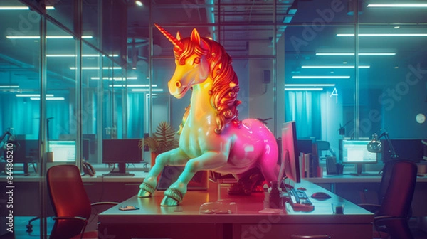 Obraz licorne en plastique colorée dans un bureau d'affaires