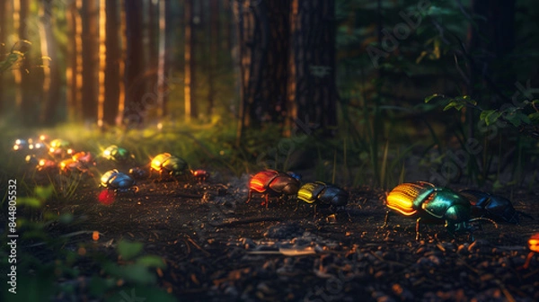 Obraz scarabées colorés avançant en ligne sur le sol d'une forêt sombre