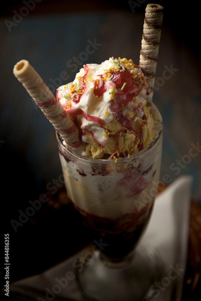 Obraz Copa de helado con vainilla por encima sirope de fresa y barquillos
