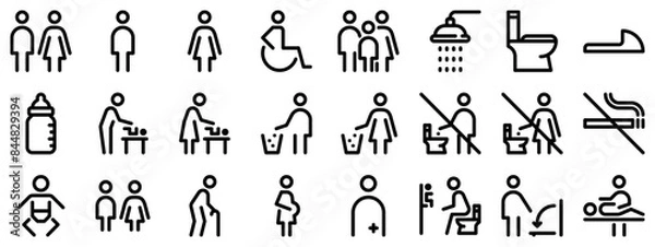 Fototapeta Toilet line icon set. WC outline sign. Man, woman, shower symbol. Restroom for male, female, disabled pictograms. No smoking, do not throw trash in toilet bowl. Editable stroke. Vector graphics