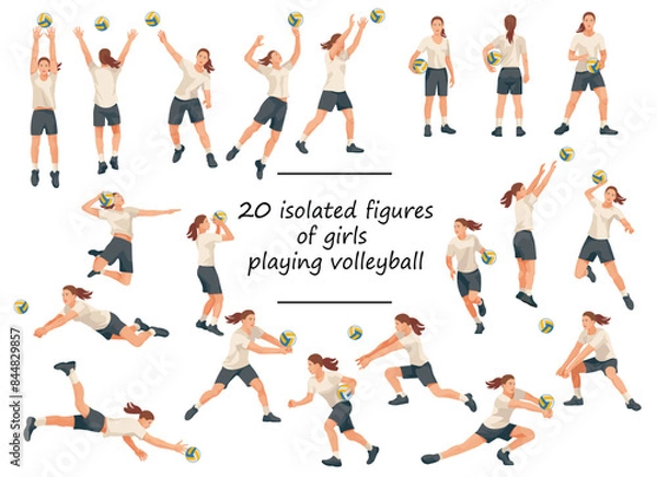 Obraz 20 women's volleyball team players in white T-shirts in various poses training, running, jumping, throwing, hitting the ball
