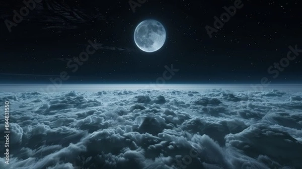 Fototapeta Pristine floor under a starless black sky, with soft clouds and a shining white moon, presenting a calm and captivating nightscape