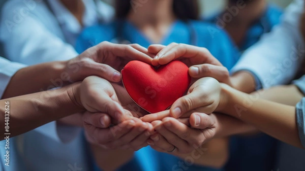 Obraz A medical team of doctors and nurses hands holding heart symbolize love and care, reflecting the teamwork and dedication of healthcare professionals in improving patient well-being.