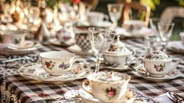Fototapeta antique teacups, lace napkins and silver cutlery, on the mantelpiece and pictures. generative ai