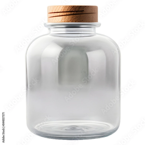Obraz A transparent glass bottle with a round, bulbous shape and a natural cork stopper