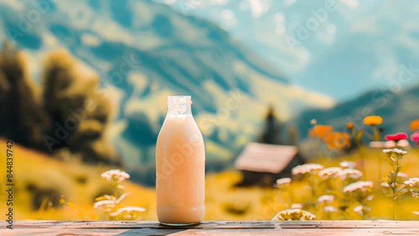 Obraz A bottle of fresh milk placed on a wooden table with a picturesque mountain scenery in the background, surrounded by blooming flowers and greenery.