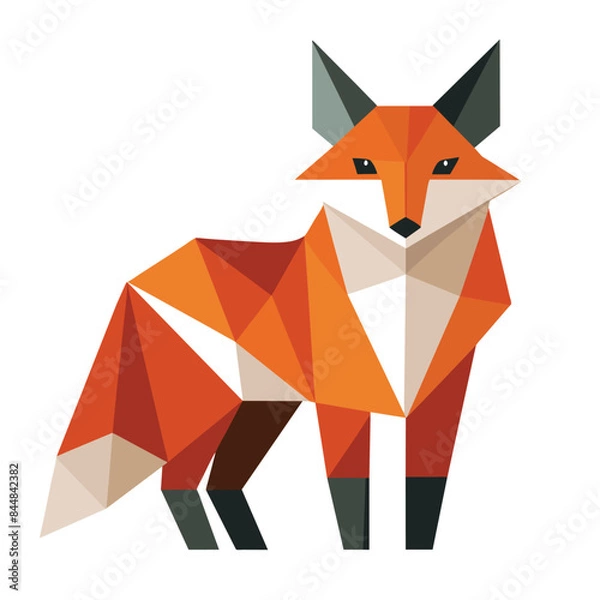 Fototapeta A simple, geometric representation of a fox, rendered in orange and white, stands against a white background, A geometric representation of a fox in a simple and clean design