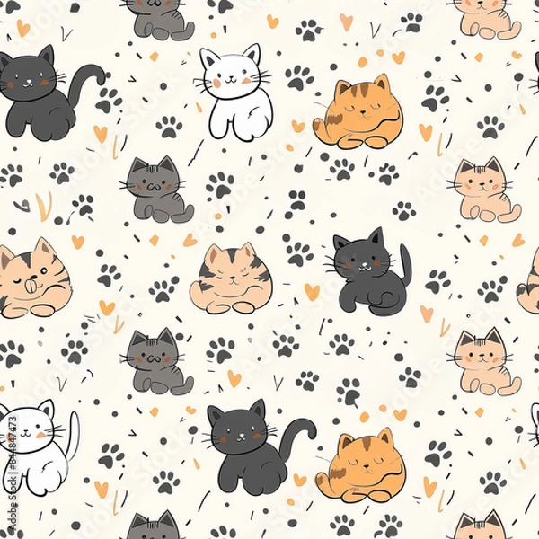 Fototapeta Cute cartoon design cats with paw prints seamless pattern vector illustration style light background