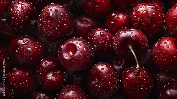 Fototapeta Close-Up of Fresh Juicy Red Cherries with Water Droplets, Generative AI